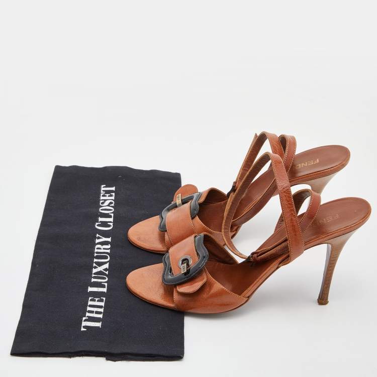 Pre Owned Fendi Brown Leather Buckle Detail Ankle Strap Sandals Size 38.5