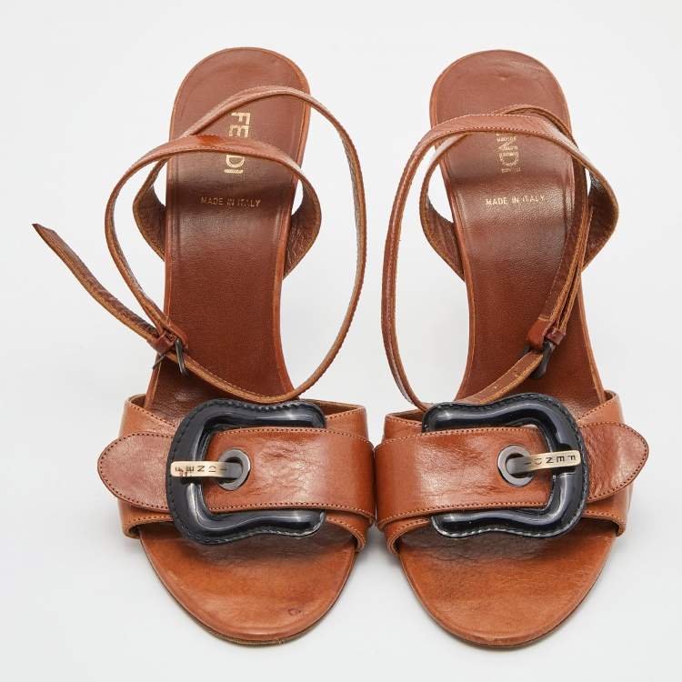 Pre Owned Fendi Brown Leather Buckle Detail Ankle Strap Sandals Size 38.5