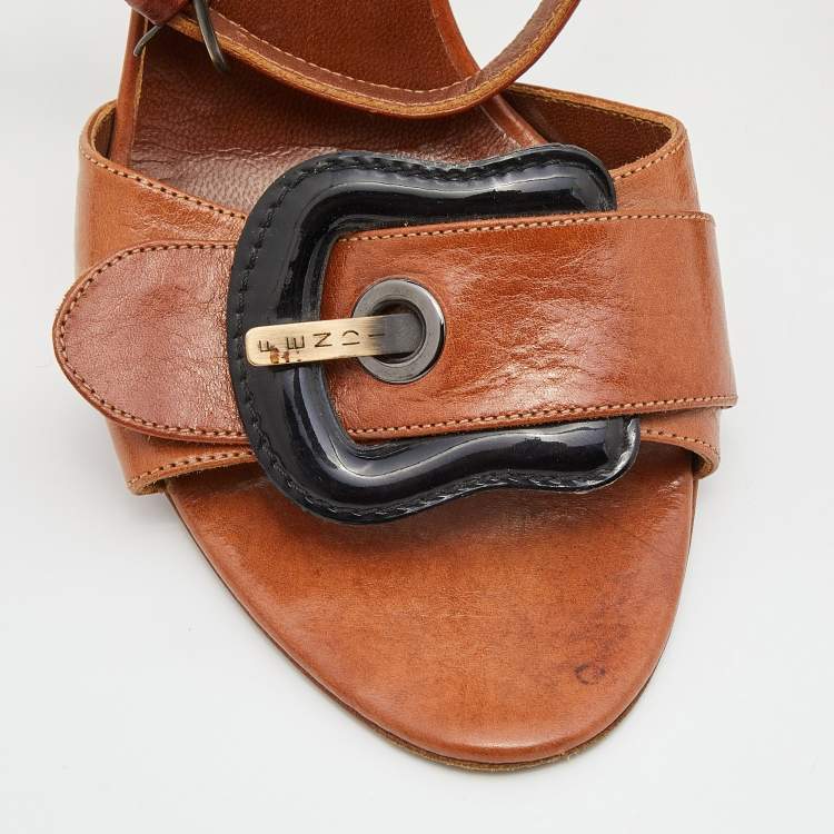 Pre Owned Fendi Brown Leather Buckle Detail Ankle Strap Sandals Size 38.5