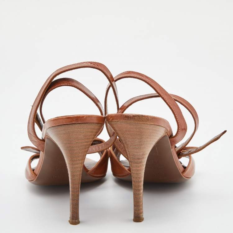 Pre Owned Fendi Brown Leather Buckle Detail Ankle Strap Sandals Size 38.5