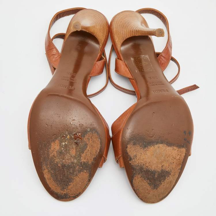 Pre Owned Fendi Brown Leather Buckle Detail Ankle Strap Sandals Size 38.5