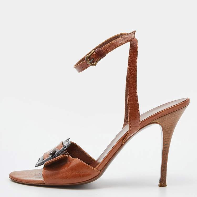 Pre Owned Fendi Brown Leather Buckle Detail Ankle Strap Sandals Size 38.5
