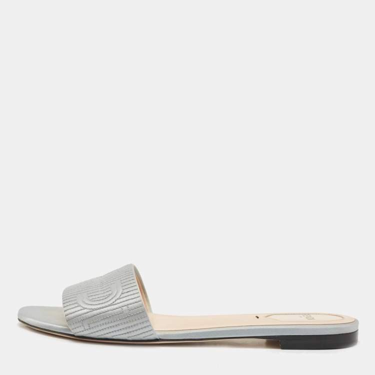 Pre Owned Fendi Grey Satin Logo Embroidered  Flat Slides Size 39.5