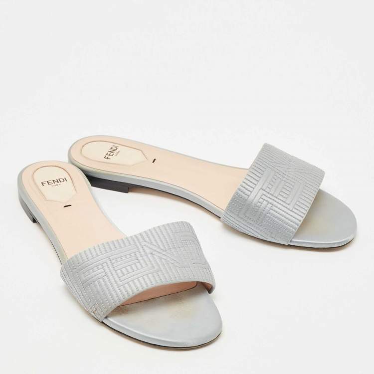 Pre Owned Fendi Grey Satin Logo Embroidered  Flat Slides Size 39.5