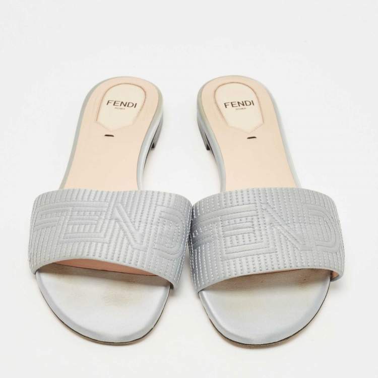 Pre Owned Fendi Grey Satin Logo Embroidered  Flat Slides Size 39.5