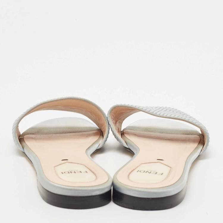 Pre Owned Fendi Grey Satin Logo Embroidered  Flat Slides Size 39.5