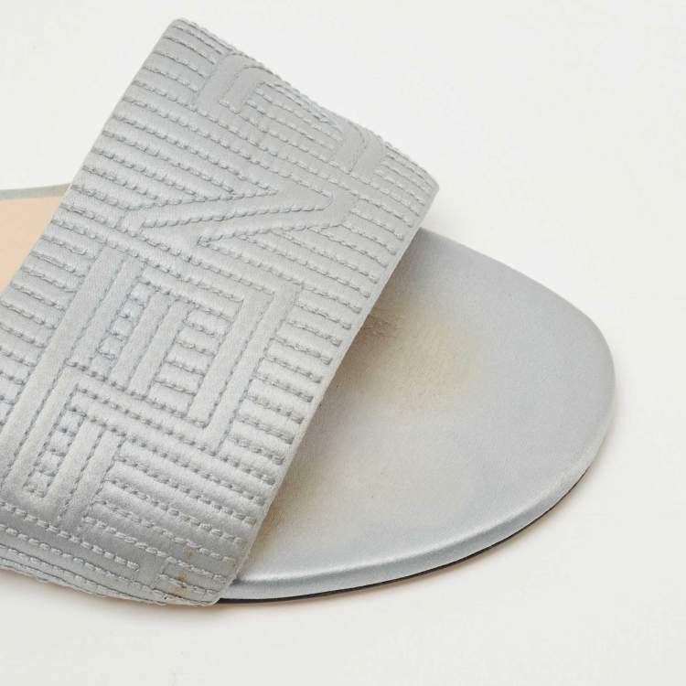 Pre Owned Fendi Grey Satin Logo Embroidered  Flat Slides Size 39.5