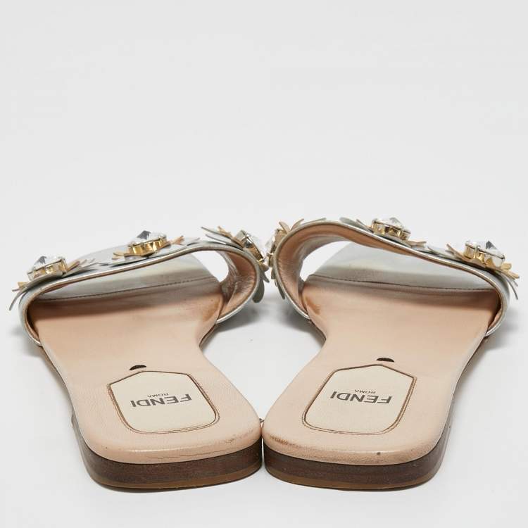 Pre Owned Fendi  Metallic Silver Leather Flowerland Flat Slides Size 38