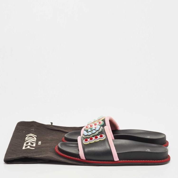 Pre Owned Fendi Black/Pink Leather and Fabric Studded Logo Flat Slides Size 38
