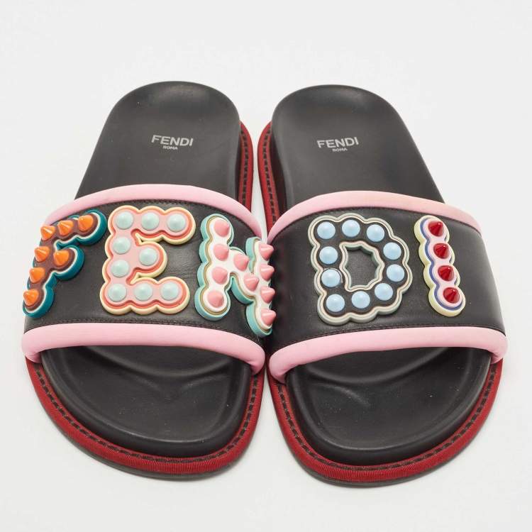 Pre Owned Fendi Black/Pink Leather and Fabric Studded Logo Flat Slides Size 38