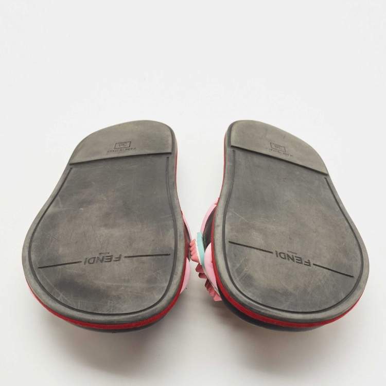 Pre Owned Fendi Black/Pink Leather and Fabric Studded Logo Flat Slides Size 38