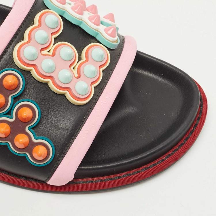 Pre Owned Fendi Black/Pink Leather and Fabric Studded Logo Flat Slides Size 38