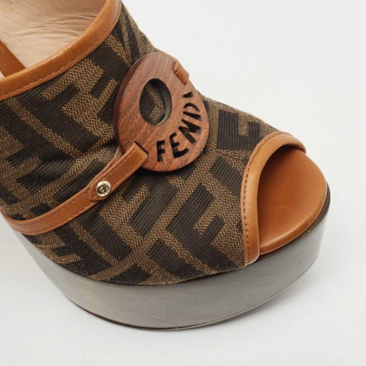 Pre Owned Fendi Brown Zucca Canvas And Leather Platform Slide Sandals Size 37.5