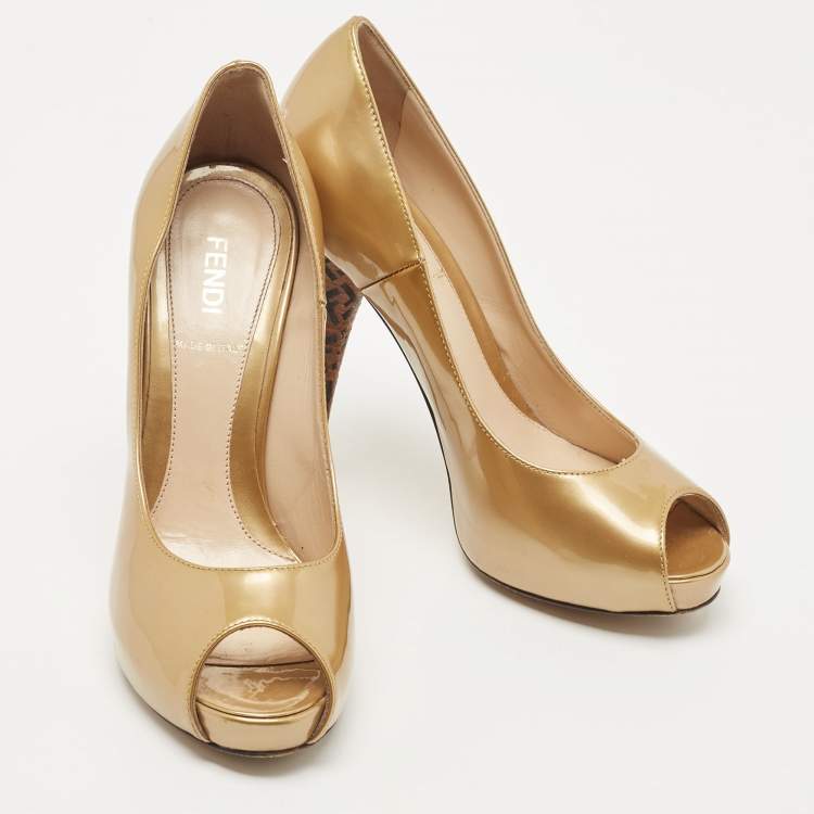 Pre Owned Fendi Gold Patent Leather Zucca Heel Peep Toe Pumps Size 36