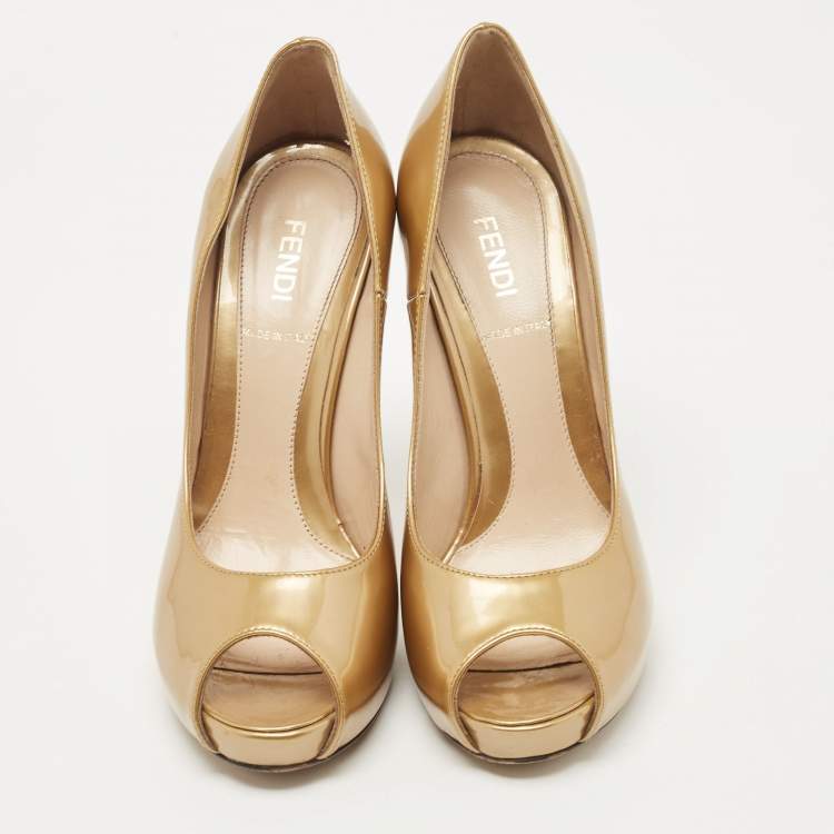 Pre Owned Fendi Gold Patent Leather Zucca Heel Peep Toe Pumps Size 36
