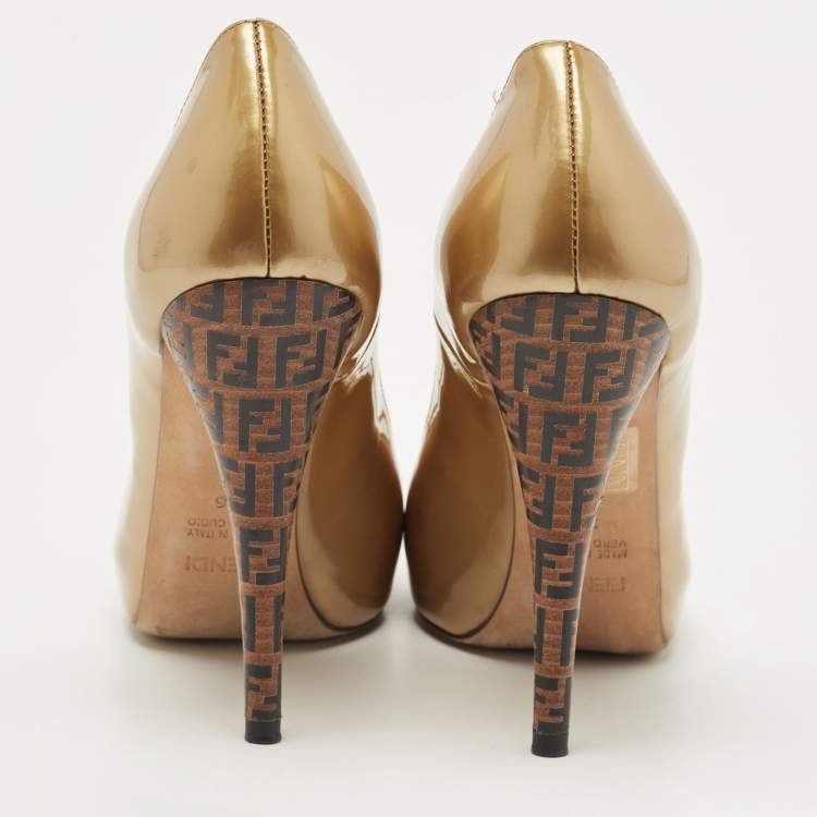 Pre Owned Fendi Gold Patent Leather Zucca Heel Peep Toe Pumps Size 36
