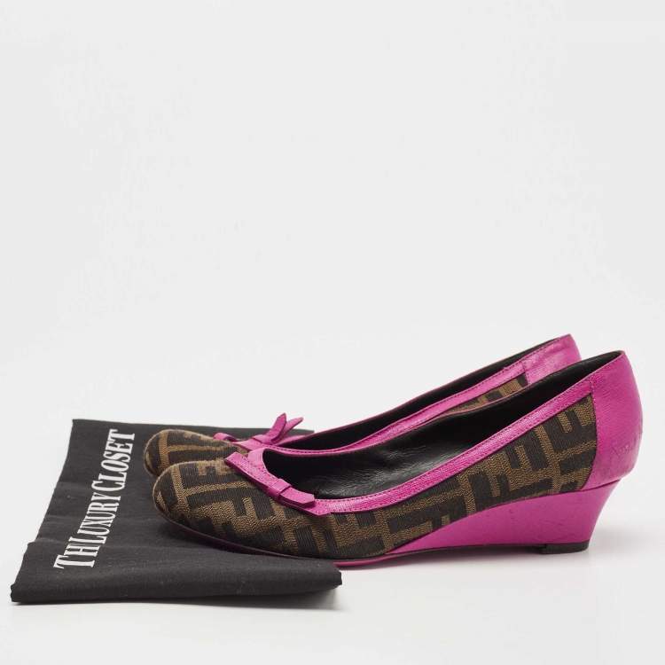 Pre Owned Fendi Brown/Pink Zucca Canvas and Leather Bow Wedge Pumps Size 37.5