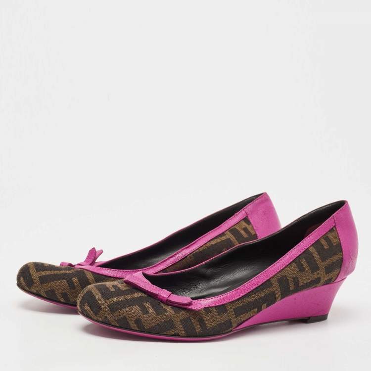 Pre Owned Fendi Brown/Pink Zucca Canvas and Leather Bow Wedge Pumps Size 37.5