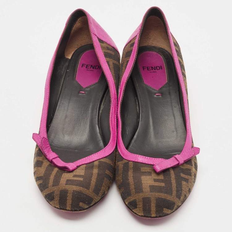 Pre Owned Fendi Brown/Pink Zucca Canvas and Leather Bow Wedge Pumps Size 37.5