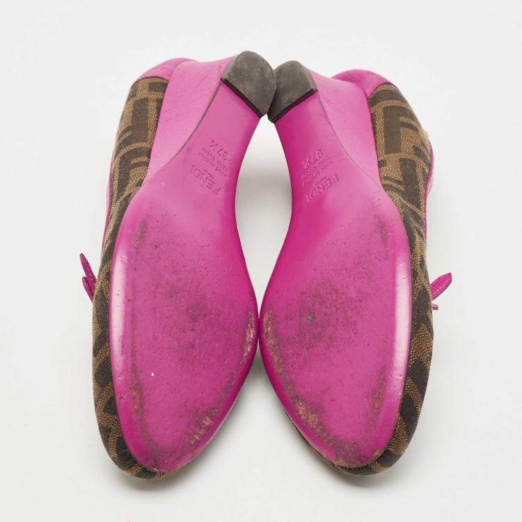 Pre Owned Fendi Brown/Pink Zucca Canvas and Leather Bow Wedge Pumps Size 37.5