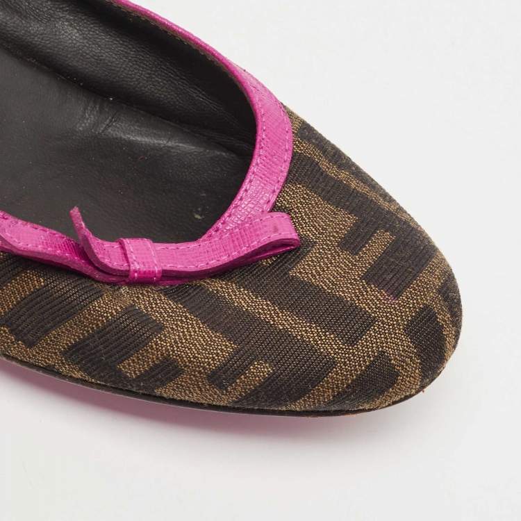 Pre Owned Fendi Brown/Pink Zucca Canvas and Leather Bow Wedge Pumps Size 37.5