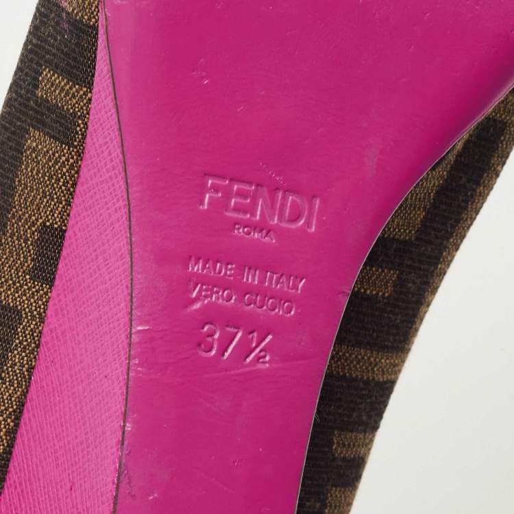 Pre Owned Fendi Brown/Pink Zucca Canvas and Leather Bow Wedge Pumps Size 37.5