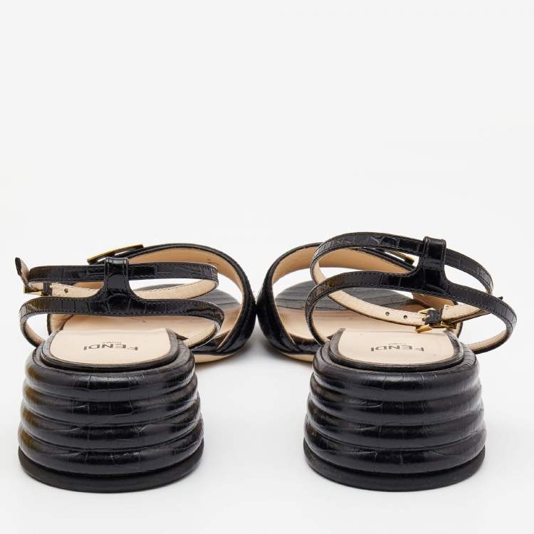 Pre Owned Fendi Black Croc Embossed Leather Promenade Ankle Strap Sandals Size 38.5 