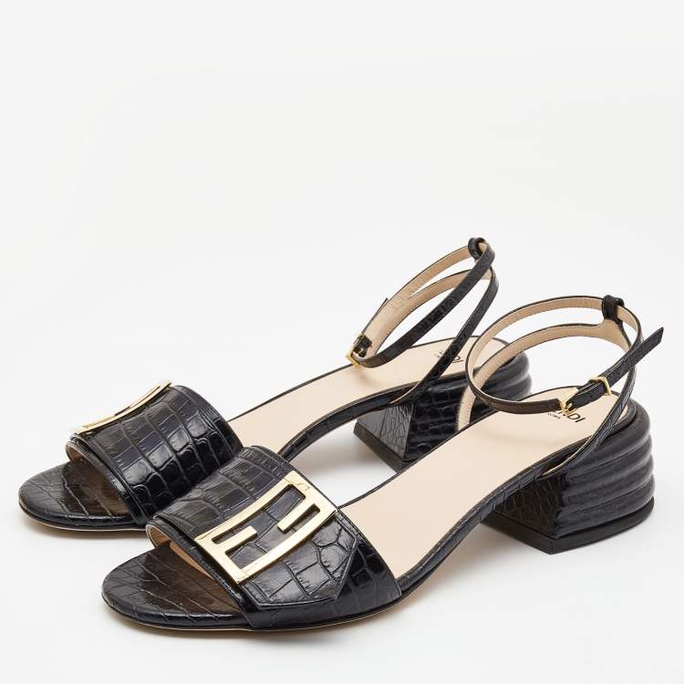 Pre Owned Fendi Black Croc Embossed Leather Promenade Ankle Strap Sandals Size 38.5 