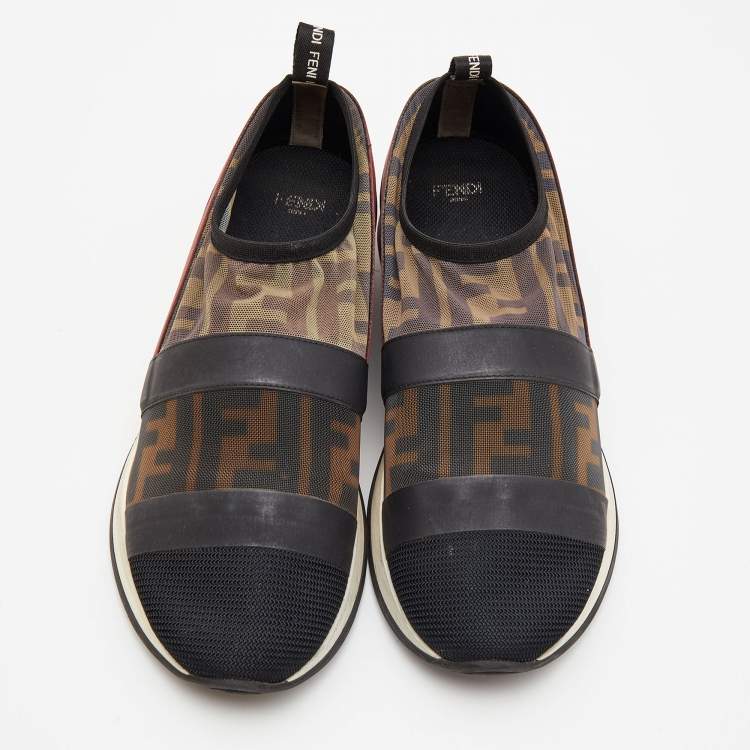 Pre Owned Fendi Multicolor Stretch Mesh and Lace Slip On Sneakers Size 38