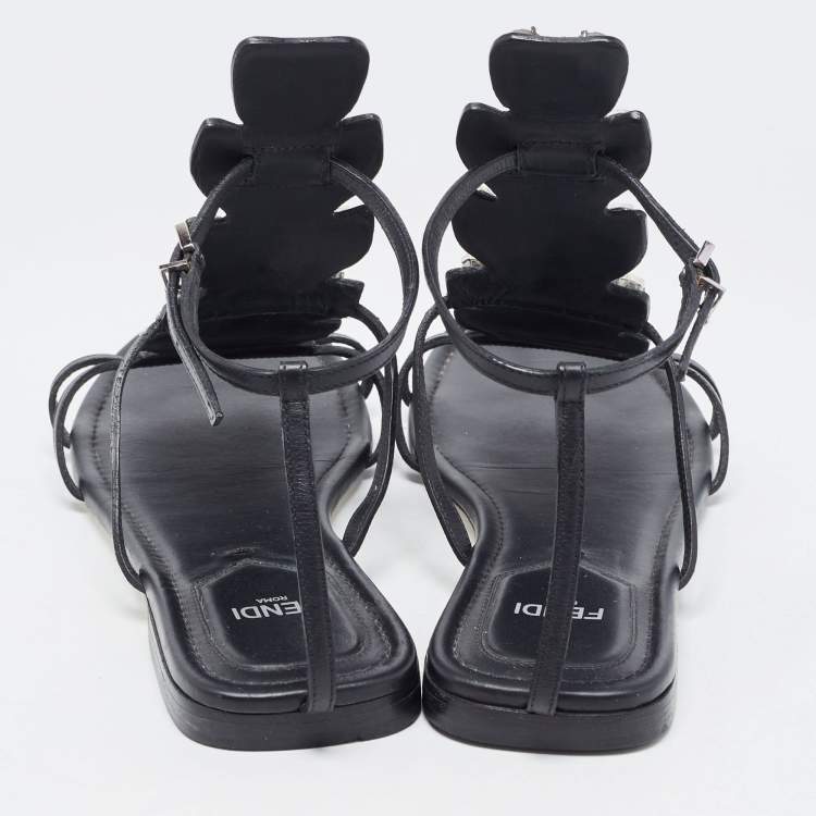 Pre Owned Fendi Black Leather Crystal Embellished Strappy Ankle Strap Flat Sandals Size 37.5