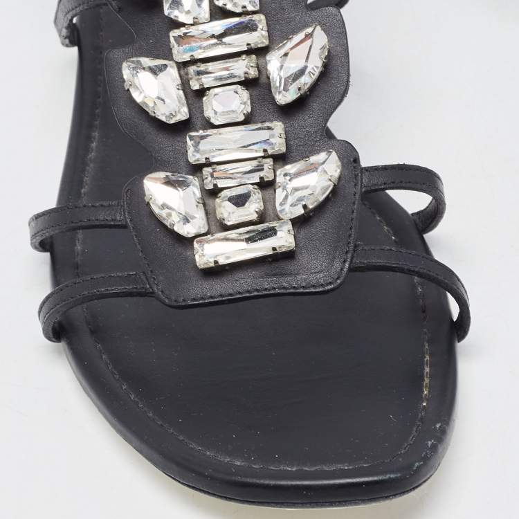 Pre Owned Fendi Black Leather Crystal Embellished Strappy Ankle Strap Flat Sandals Size 37.5