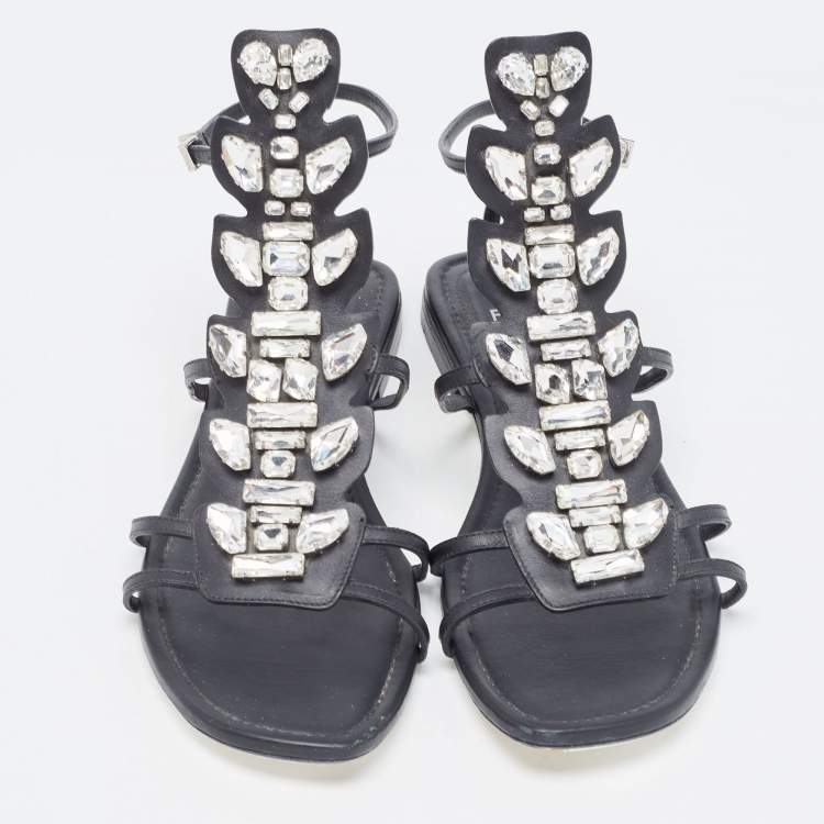 Pre Owned Fendi Black Leather Crystal Embellished Strappy Ankle Strap Flat Sandals Size 37.5