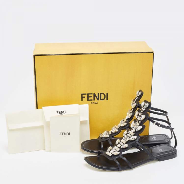 Pre Owned Fendi Black Leather Crystal Embellished Strappy Ankle Strap Flat Sandals Size 37.5