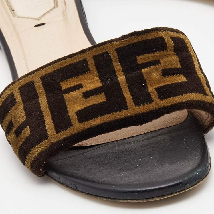 Pre Owned Fendi Two Tone Zucca Velvet Flat Slides Size 38