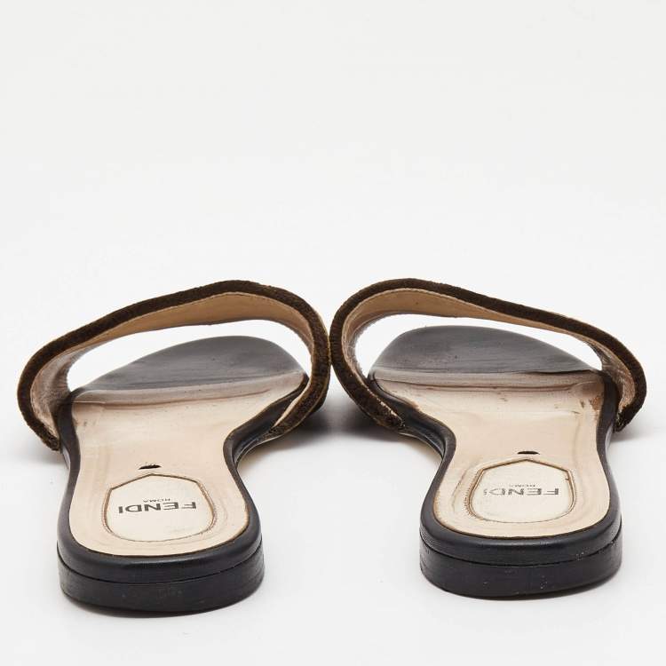 Pre Owned Fendi Two Tone Zucca Velvet Flat Slides Size 38