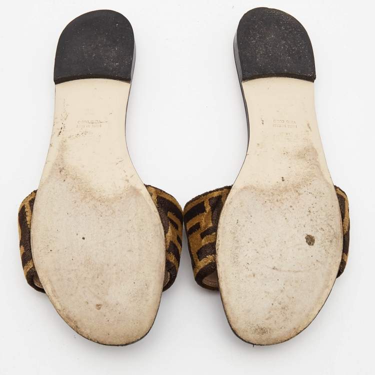 Pre Owned Fendi Two Tone Zucca Velvet Flat Slides Size 38