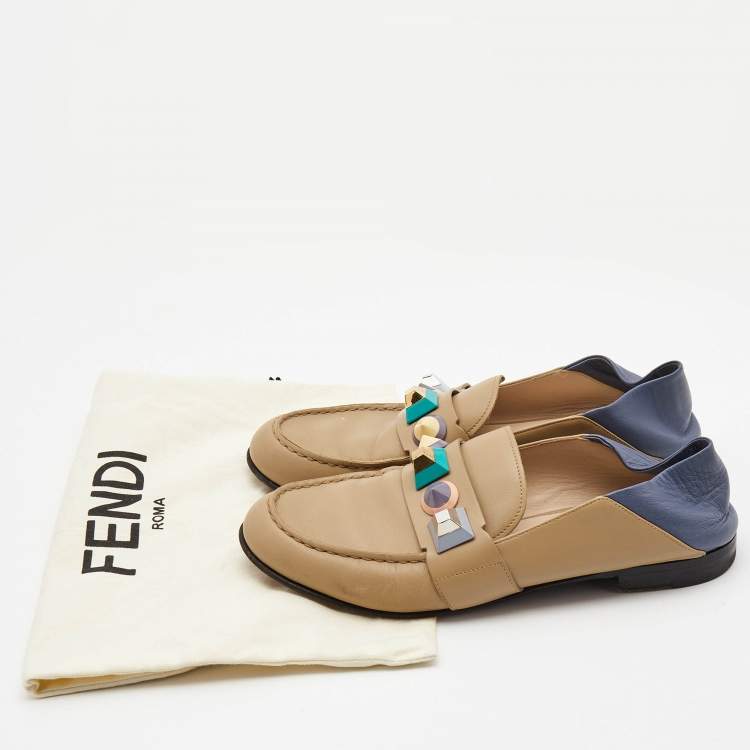 Pre Owned Fendi Brown/Blue Leather Studded Loafers Size 39