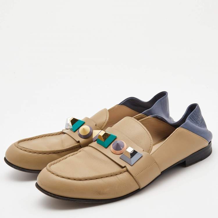 Pre Owned Fendi Brown/Blue Leather Studded Loafers Size 39