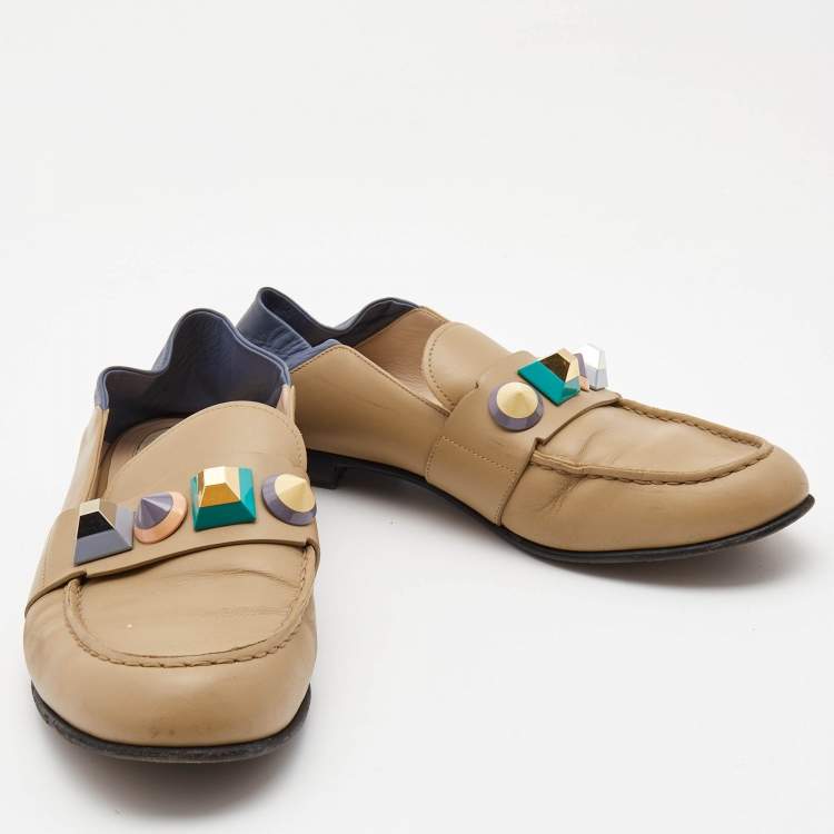 Pre Owned Fendi Brown/Blue Leather Studded Loafers Size 39