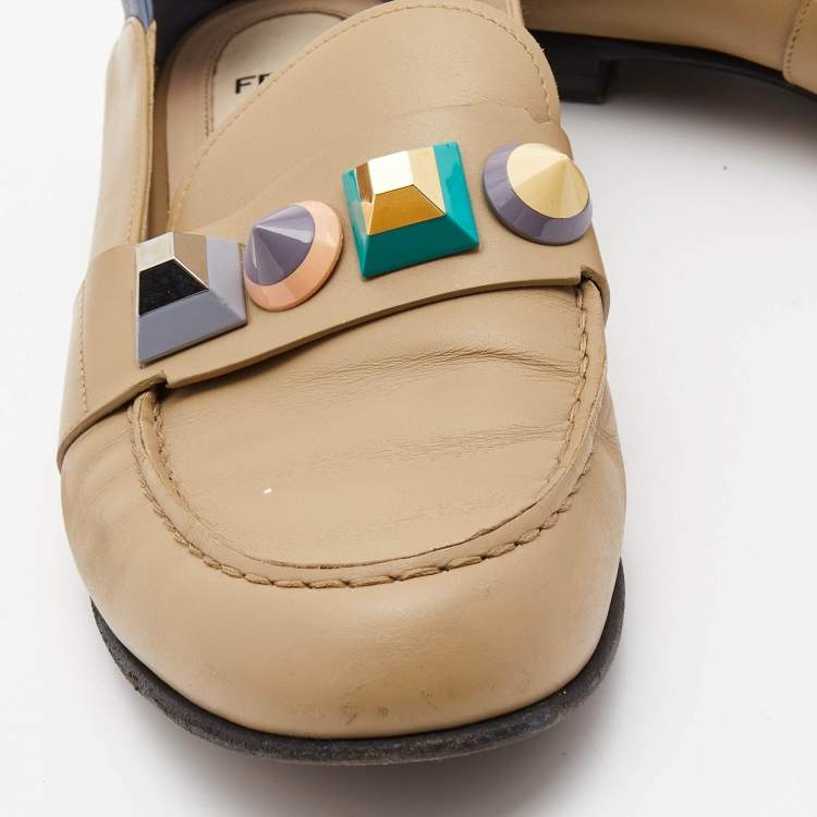 Pre Owned Fendi Brown/Blue Leather Studded Loafers Size 39
