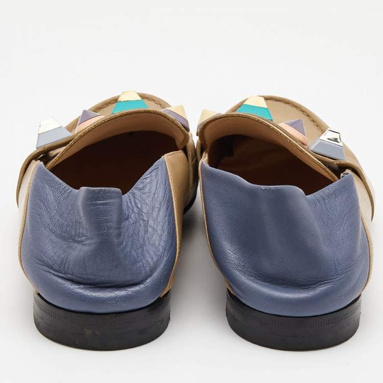 Pre Owned Fendi Brown/Blue Leather Studded Loafers Size 39