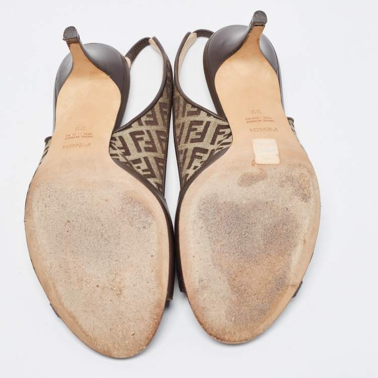Pre Owned Fendi Brown Leather and Zucca Canvas Open Toe Slingback Sandals Size 39