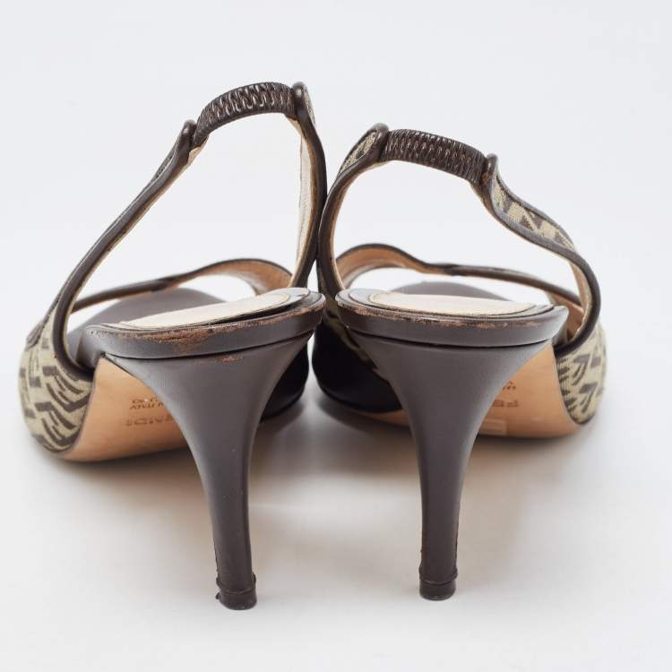Pre Owned Fendi Brown Leather and Zucca Canvas Open Toe Slingback Sandals Size 39