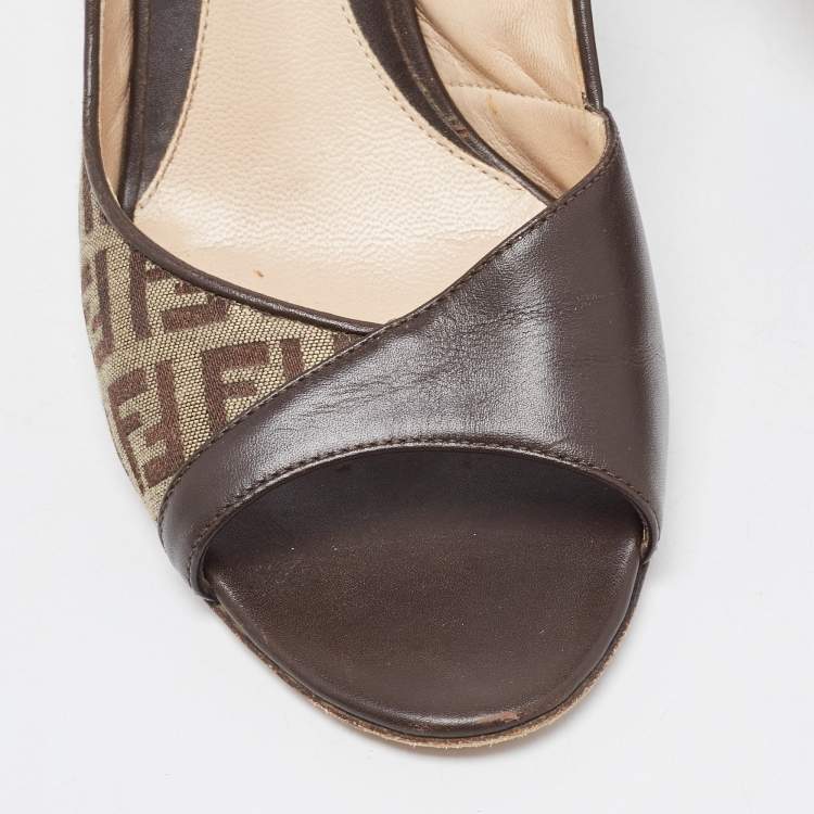 Pre Owned Fendi Brown Leather and Zucca Canvas Open Toe Slingback Sandals Size 39