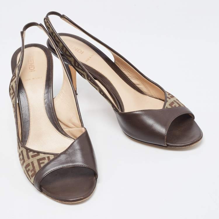 Pre Owned Fendi Brown Leather and Zucca Canvas Open Toe Slingback Sandals Size 39