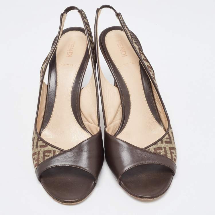 Pre Owned Fendi Brown Leather and Zucca Canvas Open Toe Slingback Sandals Size 39