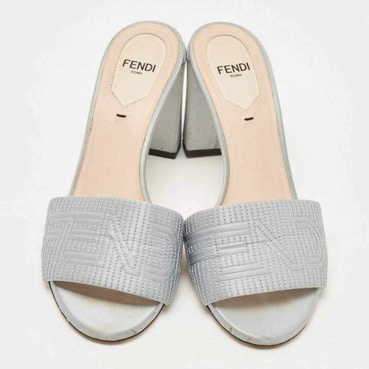 Pre Owned Fendi Light Blue Logo Embroidered Satin Slide Sandals Size 37