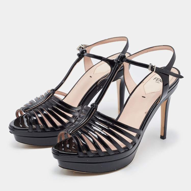 Pre Owned Fendi Black Patent Leather T Strap Platform Sandals Size 37