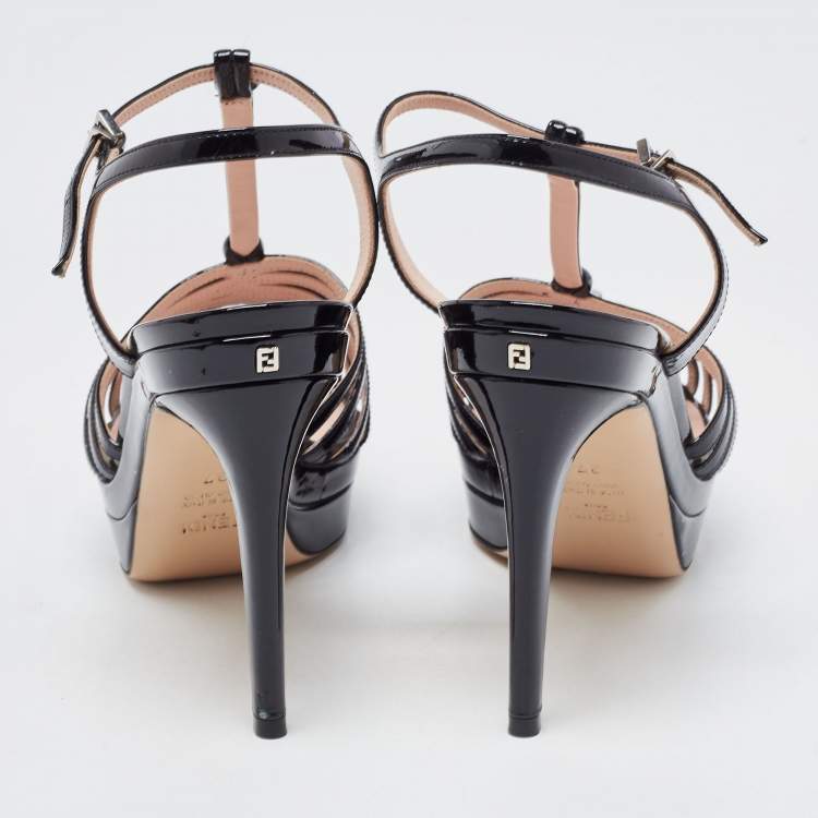 Pre Owned Fendi Black Patent Leather T Strap Platform Sandals Size 37