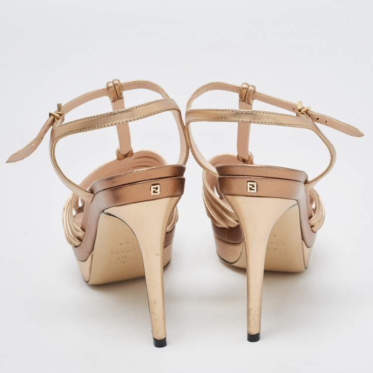 Pre Owned Fendi Metallic Leather Strappy T-Bar Platform Sandals Size 37